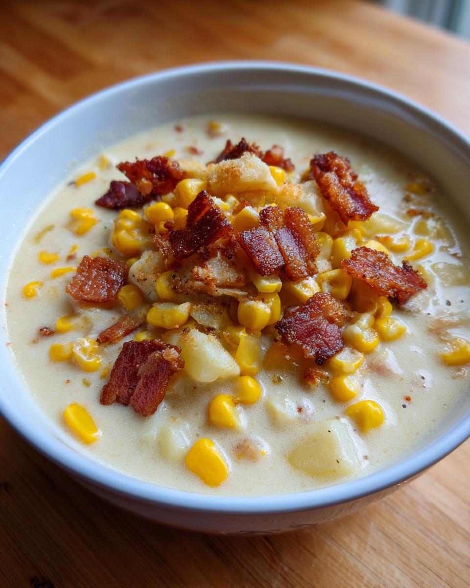 A close-up view of a bowl of rich, creamy corn chowder topped generously with bright yellow corn kernels, diced potatoes, crispy bacon pieces, and croutons.
