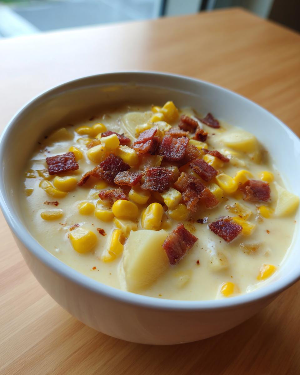 A close-up view of a white bowl filled with creamy corn chowder, featuring chunks of potato, corn kernels, and crispy bacon bits.