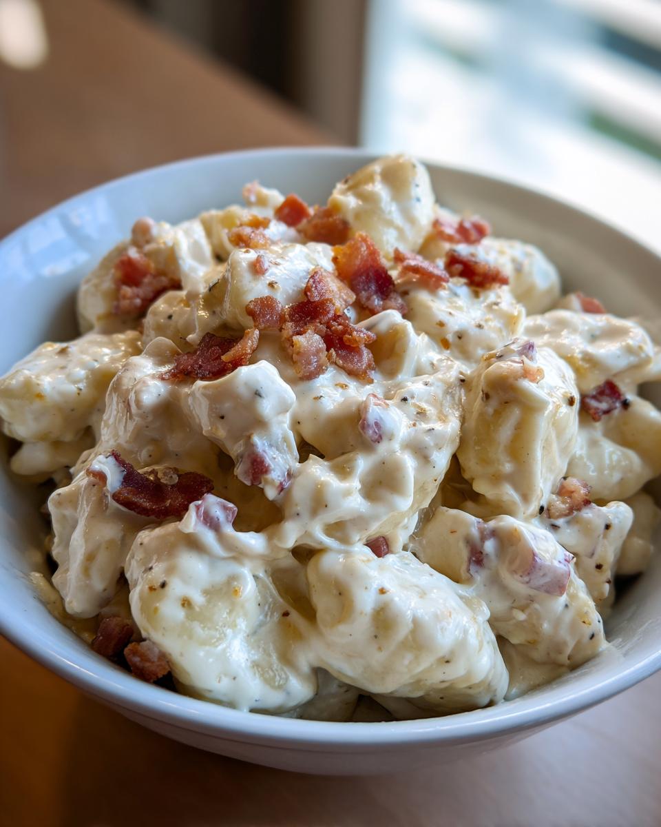Close-up of a white bowl filled with creamy crack chicken gnocchi, topped generously with crispy bacon bits.