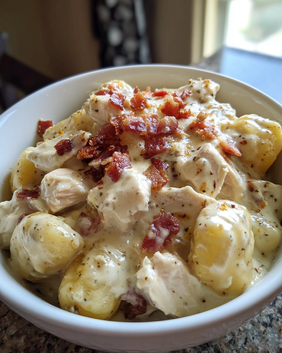 A close-up of creamy crack chicken gnocchi served in a white bowl, topped generously with crumbled bacon.