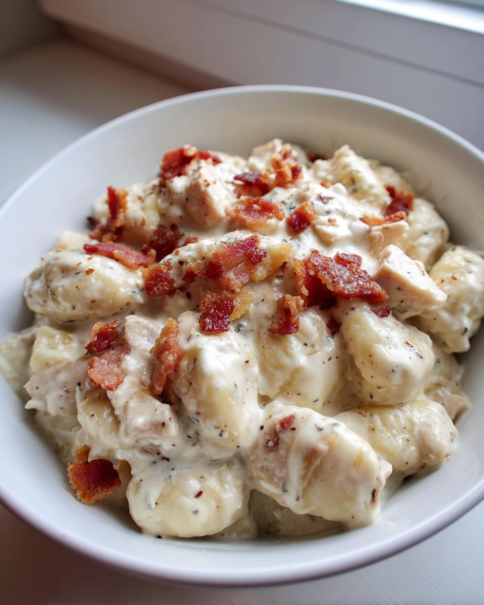 Close-up of a white bowl filled with creamy crack chicken gnocchi, topped with crispy bacon pieces.