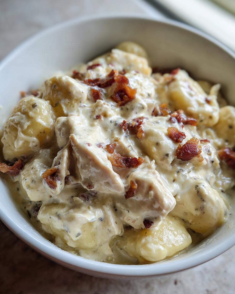 A close-up shot of creamy crack chicken gnocchi served in a white bowl, topped with crispy bacon pieces.