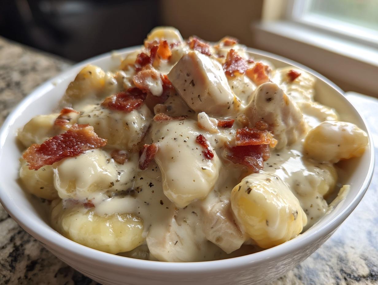 Close-up of creamy crack chicken gnocchi dish topped with bacon bits in a white bowl.
