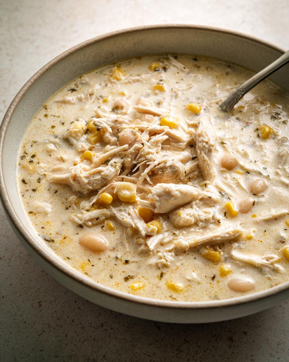 Close-up of a bowl of creamy, white cream cheese chicken chili filled with shredded chicken, white beans, and corn kernels.