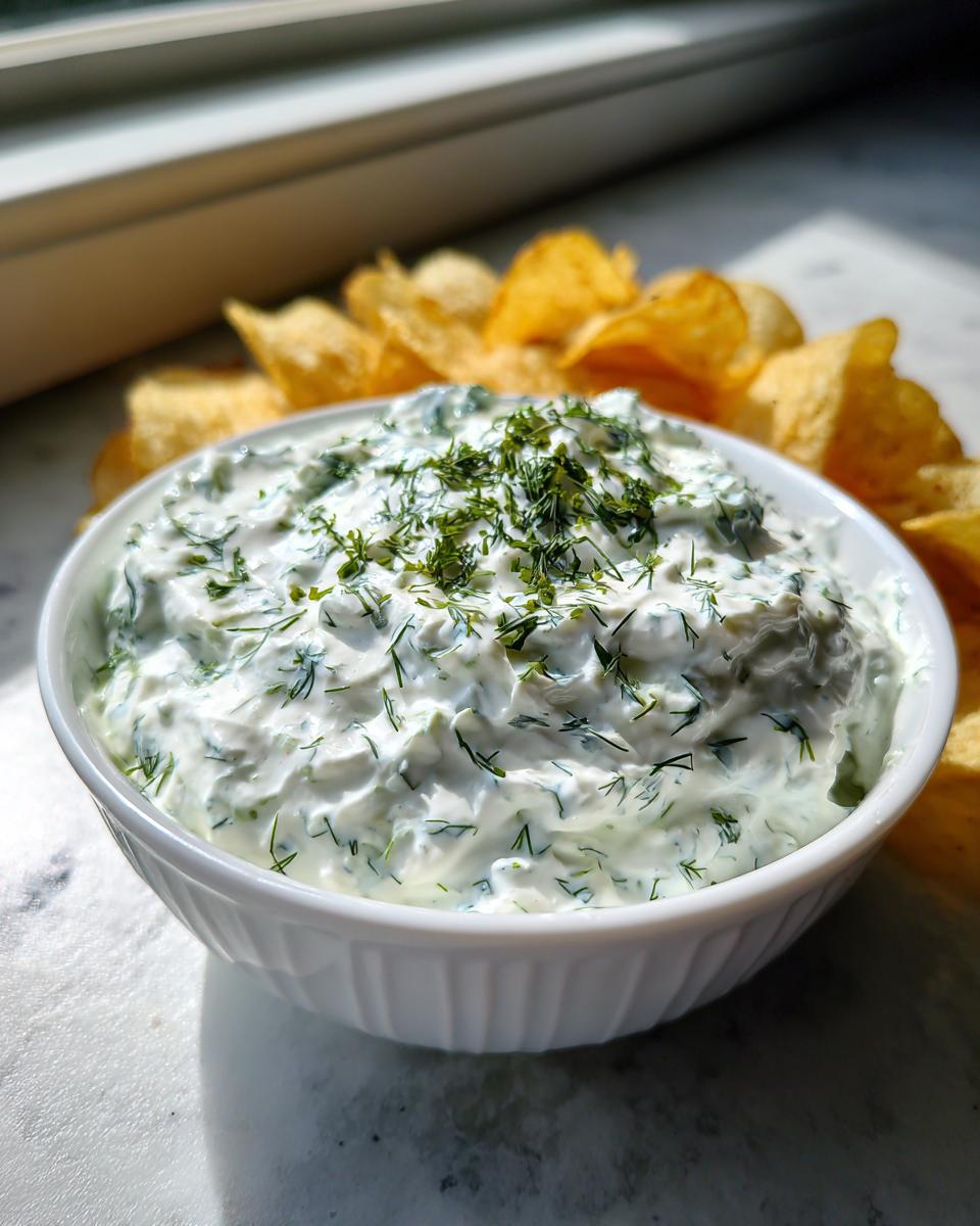 A white bowl filled with creamy dill dip, topped with fresh dill, served next to potato chips.