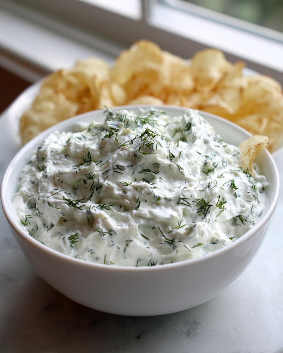 A white bowl filled with creamy dill dip topped generously with fresh dill, served alongside potato chips.