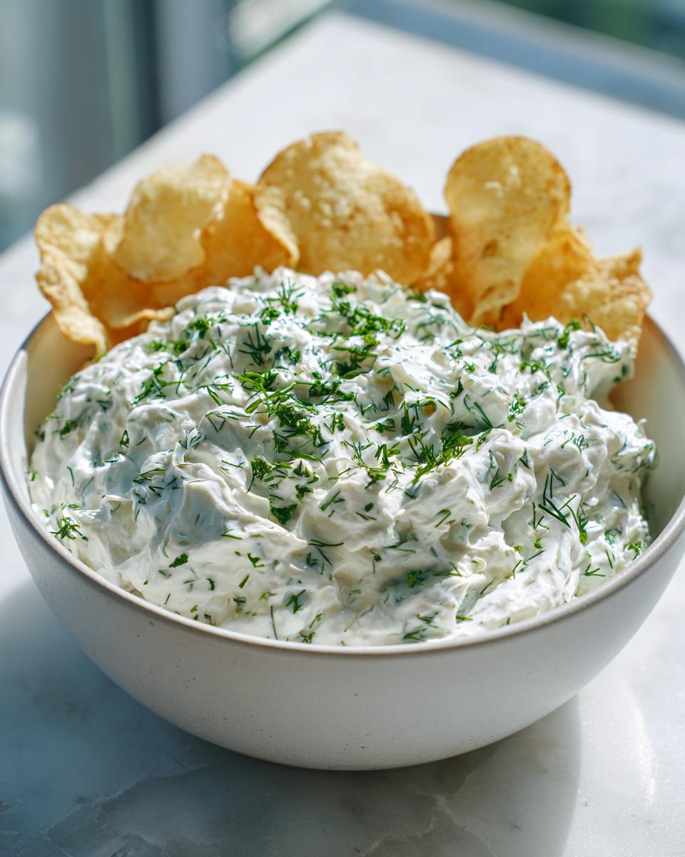 A bowl overflowing with creamy dill dip, topped generously with fresh dill, served alongside crispy potato chips.