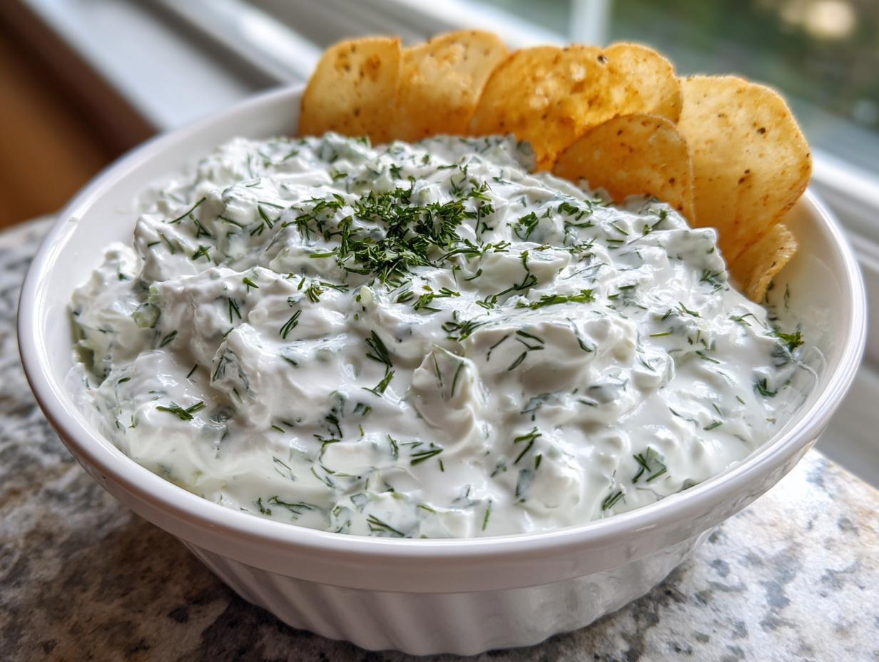 A white bowl filled with creamy dill dip, topped with fresh dill, served with tortilla chips.