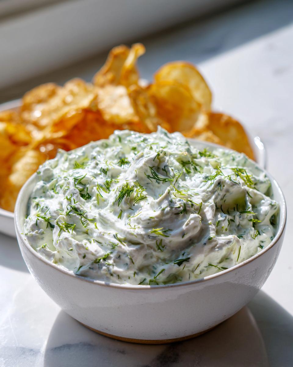 A close-up of a white bowl filled with creamy dill dip, topped with fresh dill, with potato chips blurred in the background.