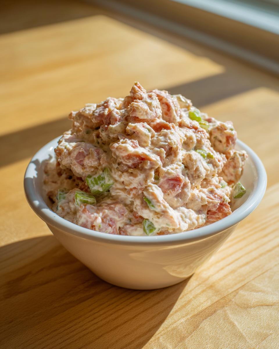 A white bowl filled with creamy ham salad recipe, featuring visible chunks of ham and green celery pieces.