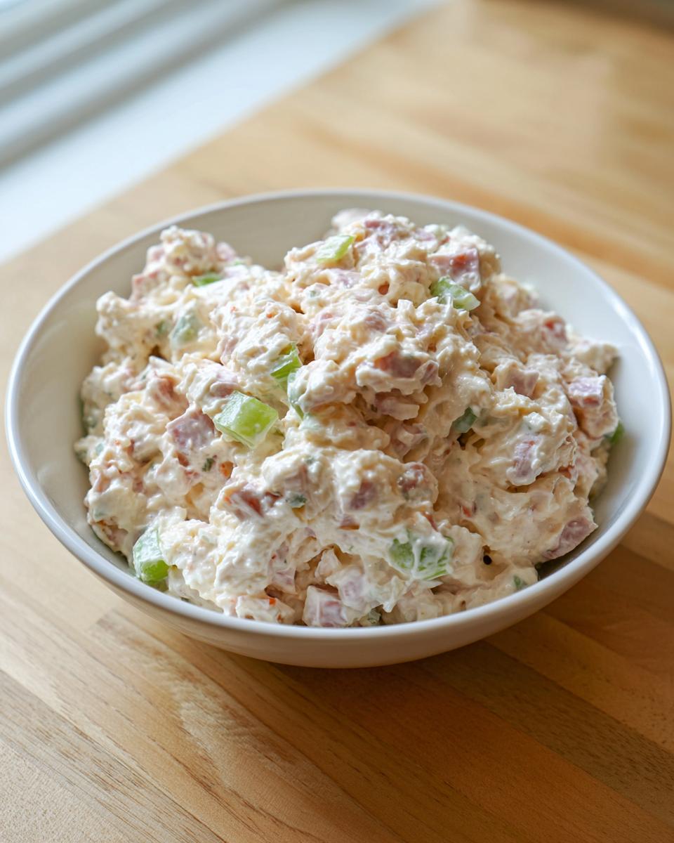 A white bowl filled with creamy ham salad recipe, featuring diced ham and green celery pieces, set on a wooden surface.