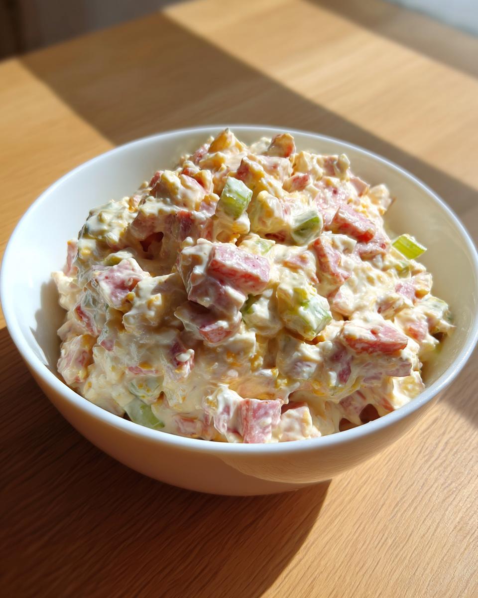 A white bowl filled with creamy ham salad recipe chunks of ham, celery, and dressing, sitting on a wooden table.