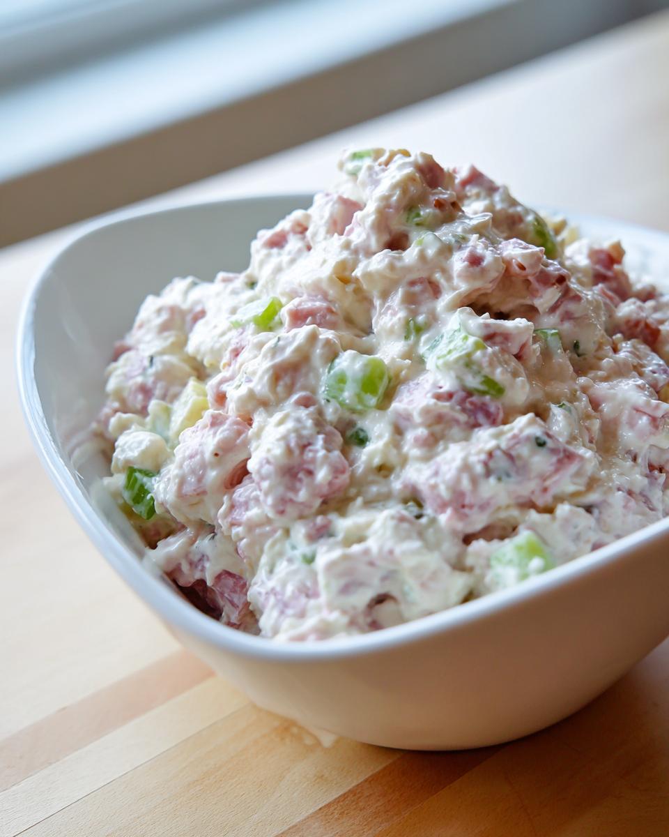 Close-up of a generous serving of creamy ham salad recipe mixed with celery, presented in a white bowl.
