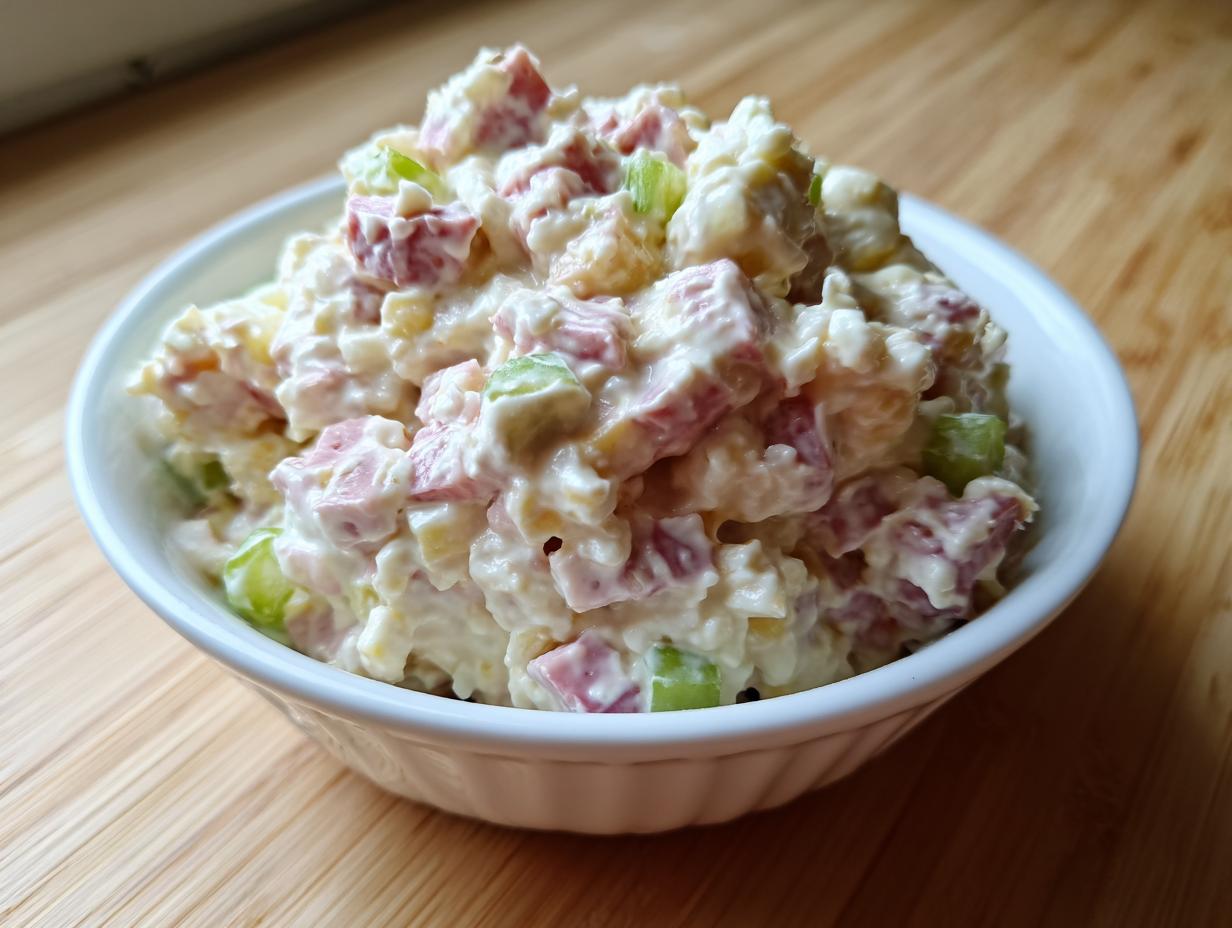 Close-up of a creamy ham salad recipe, featuring diced ham and celery in a white bowl on a wooden surface.