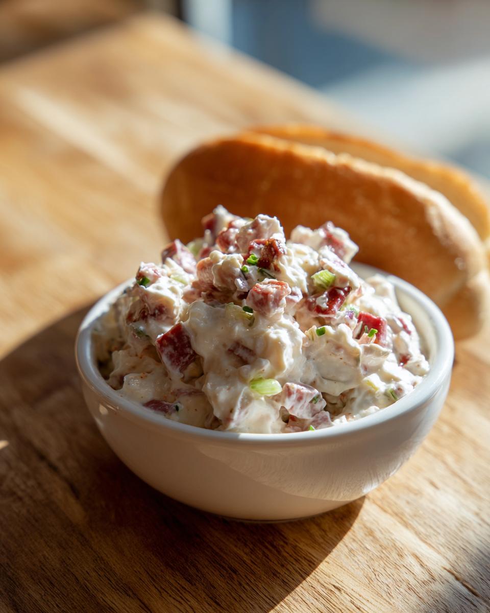 A white bowl filled with creamy hoagie dip, featuring chunks of meat and green onions, with a sub roll blurred in the background.