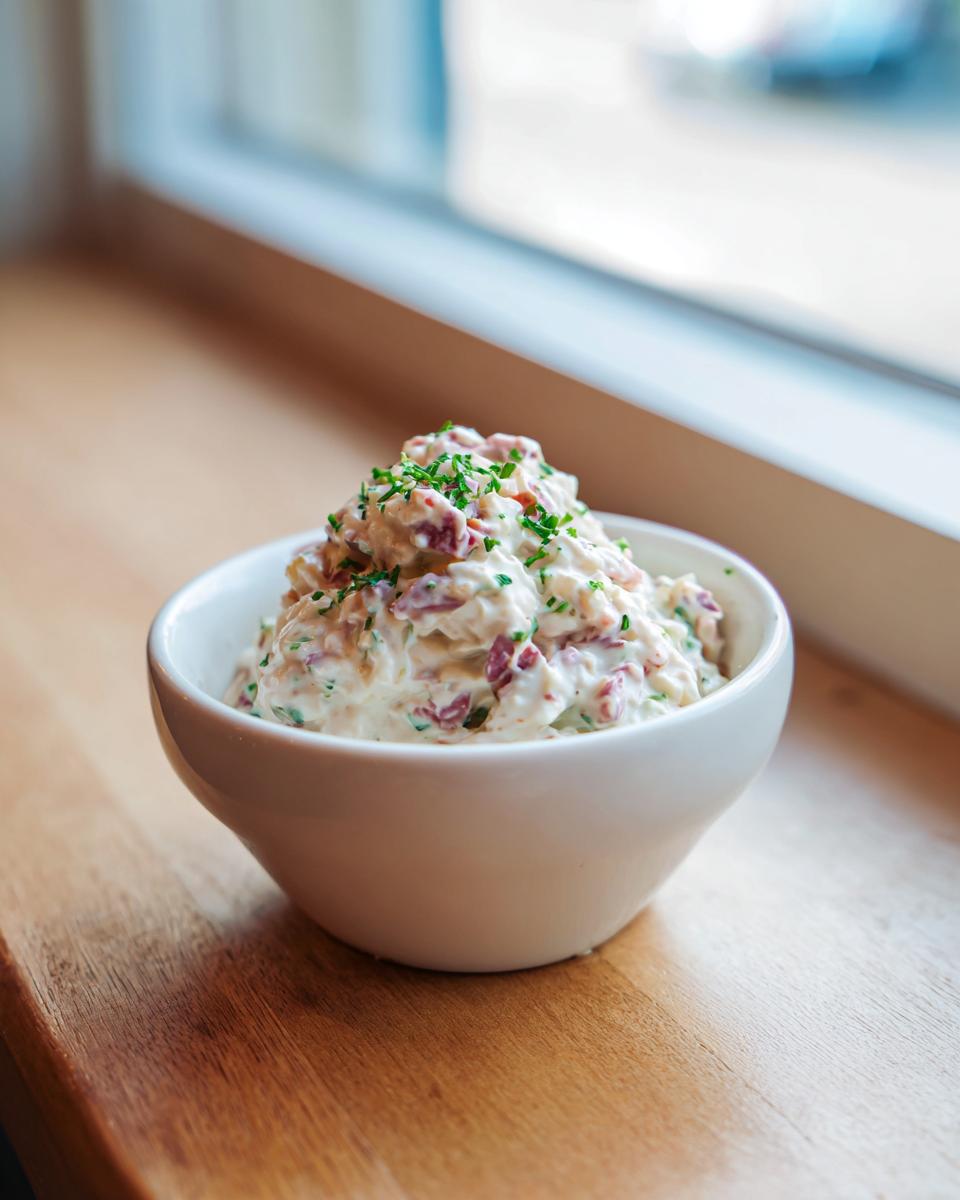 A mound of creamy hoagie dip, topped with fresh herbs, served in a small white bowl on a wooden surface.
