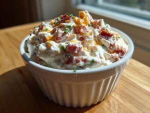A white ruffled bowl filled with creamy hoagie dip topped with ham, cheese, and chives.