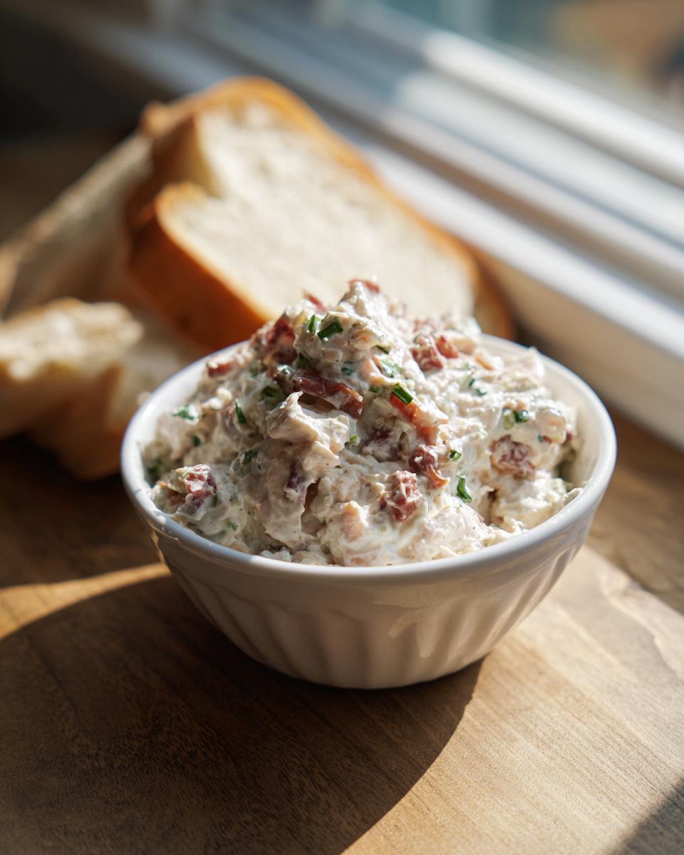 A white bowl filled with creamy hoagie dip, topped with bacon bits and chives, next to slices of bread.