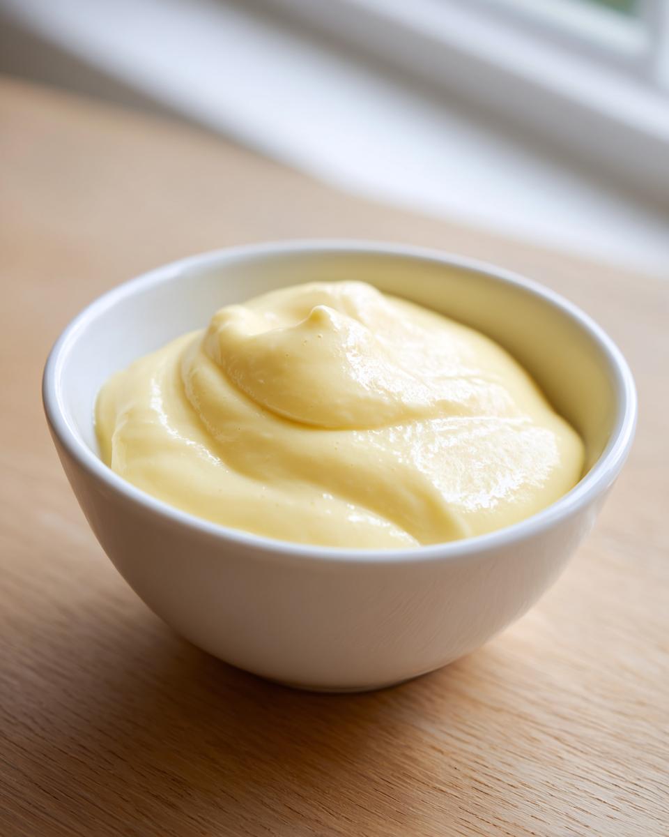 A small white bowl filled with thick, creamy yellow hollandaise sauce, sitting on a light wooden surface.