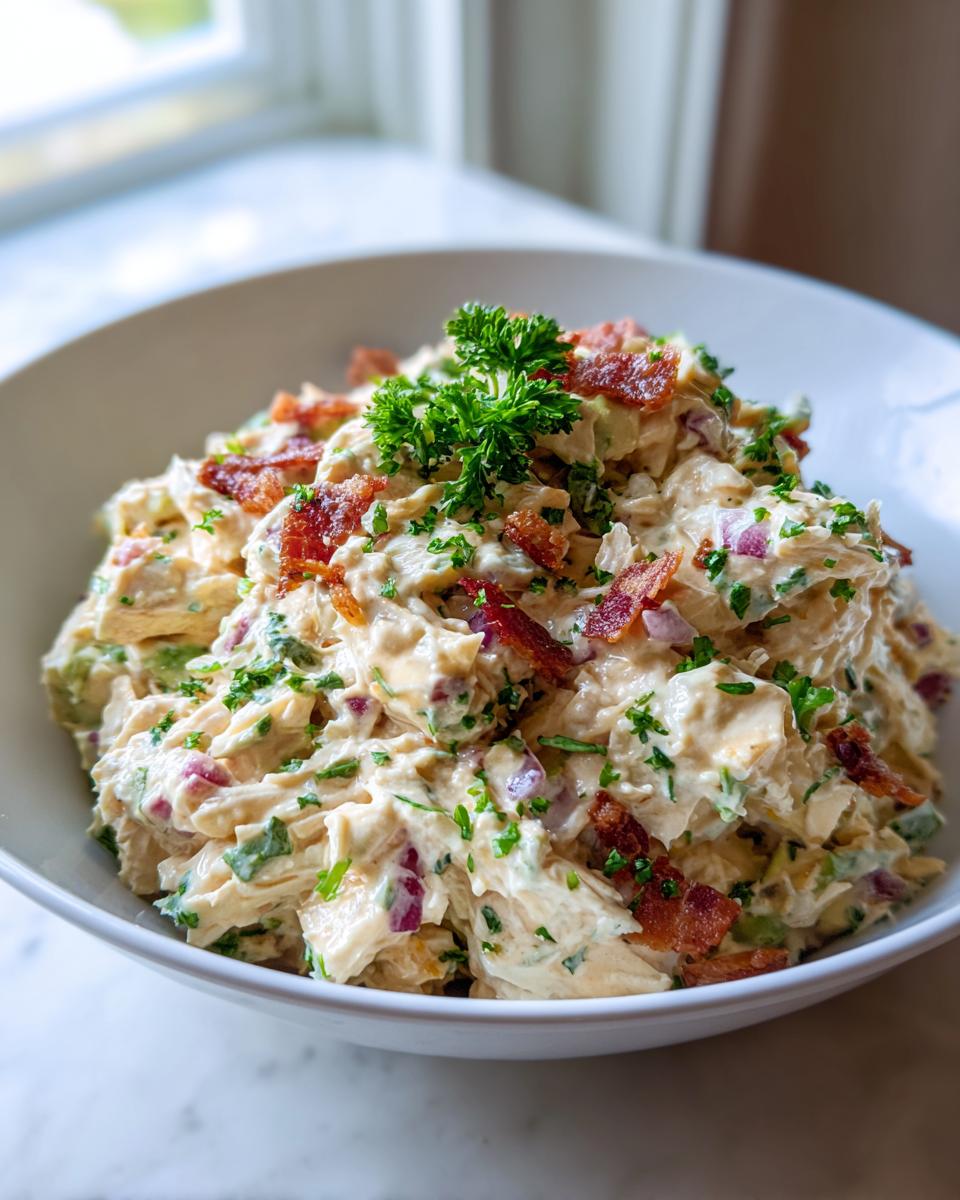 A close-up of creamy honey mustard chicken salad mixed with red onion and topped with crispy bacon pieces and fresh parsley.