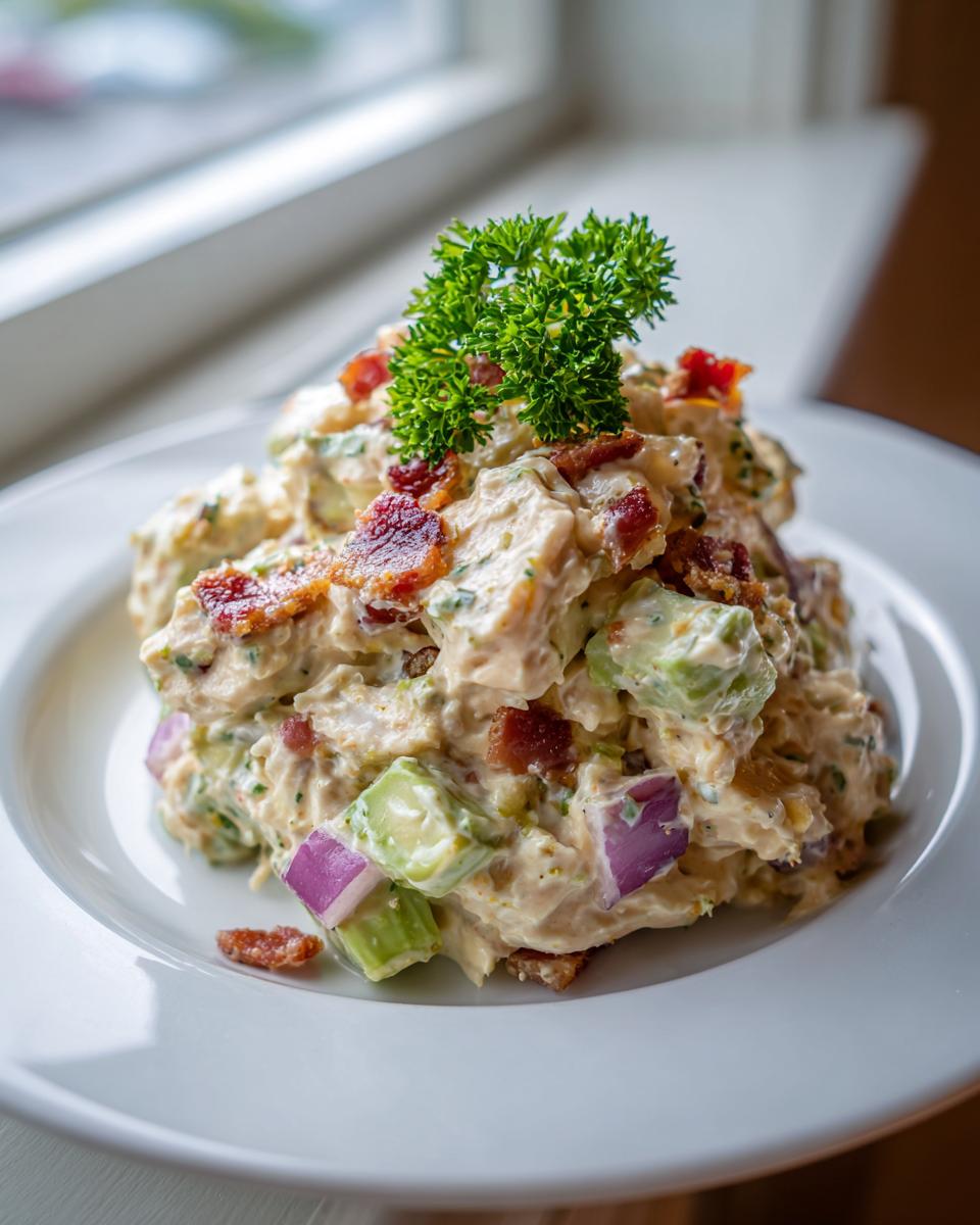 A mound of creamy honey mustard chicken salad mixed with avocado and red onion, topped with bacon crumbles and parsley.