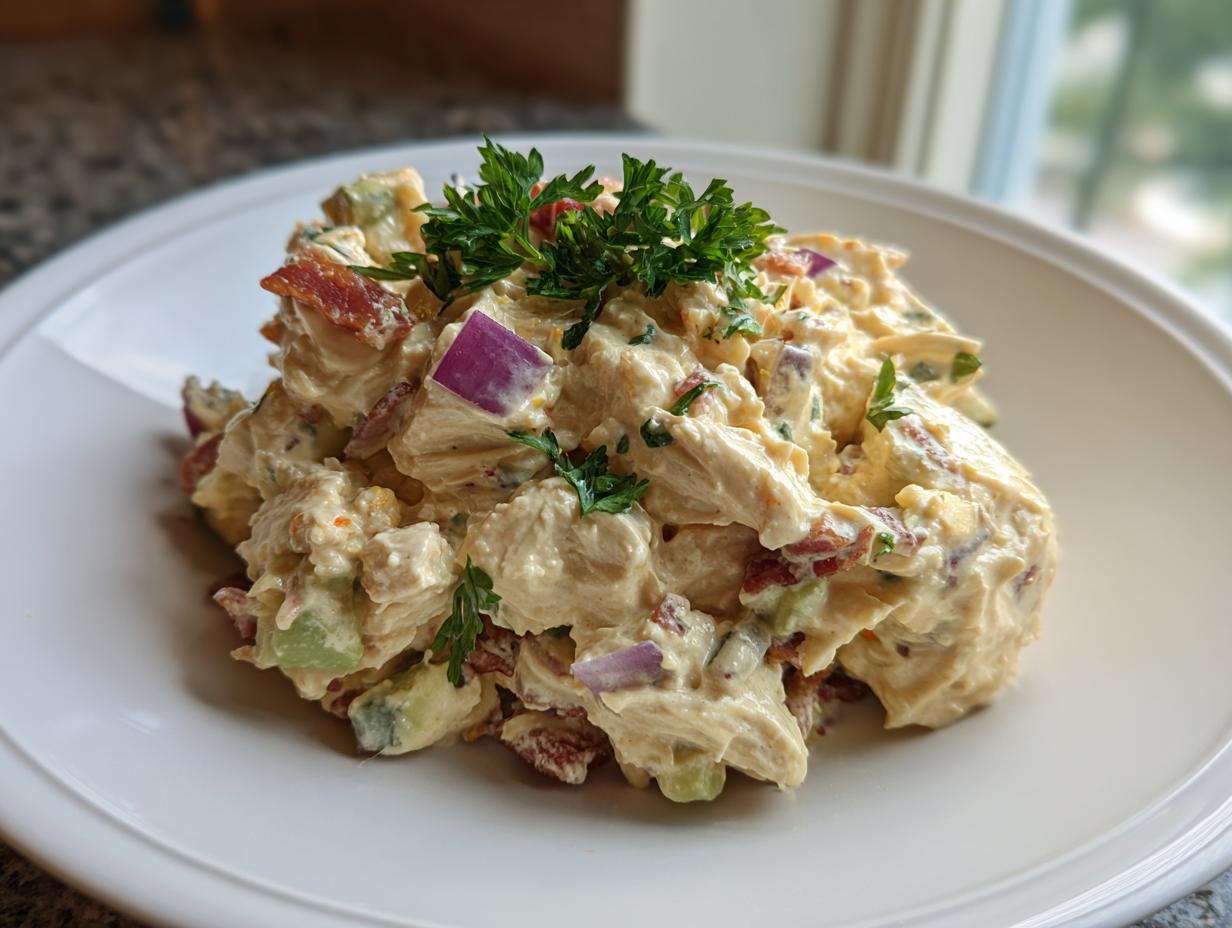 A scoop of creamy honey mustard chicken salad mixed with bacon, red onion, and celery, garnished with fresh parsley.