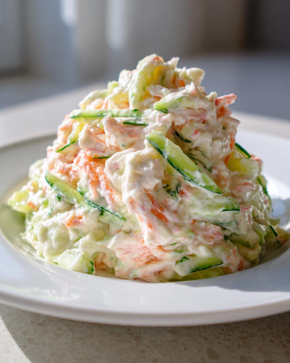 A mound of creamy kani salad featuring shredded imitation crab, cucumber strips, and a light dressing, served on a white plate.