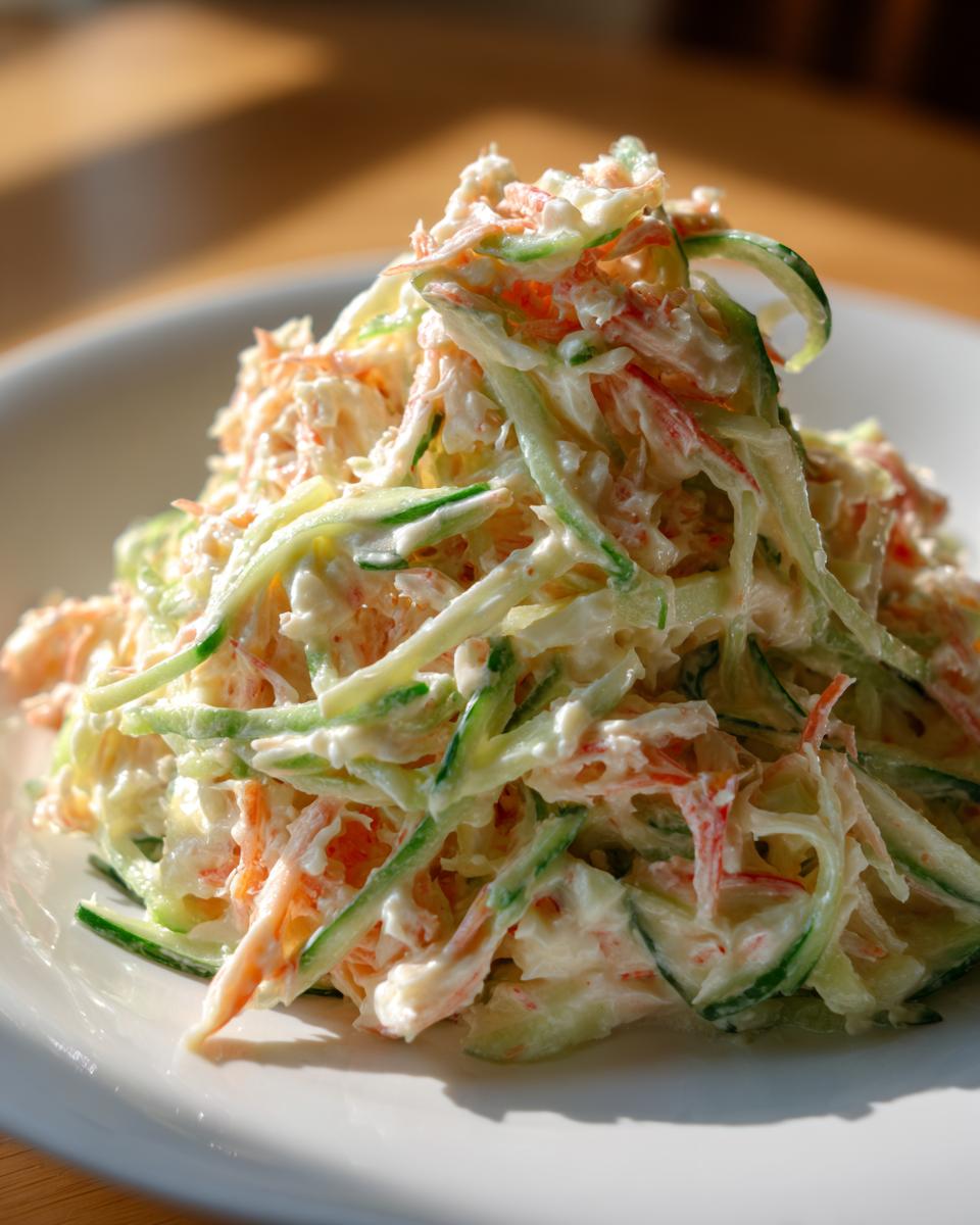 A mound of creamy kani salad featuring shredded imitation crab and thin strips of cucumber, served on a white plate.