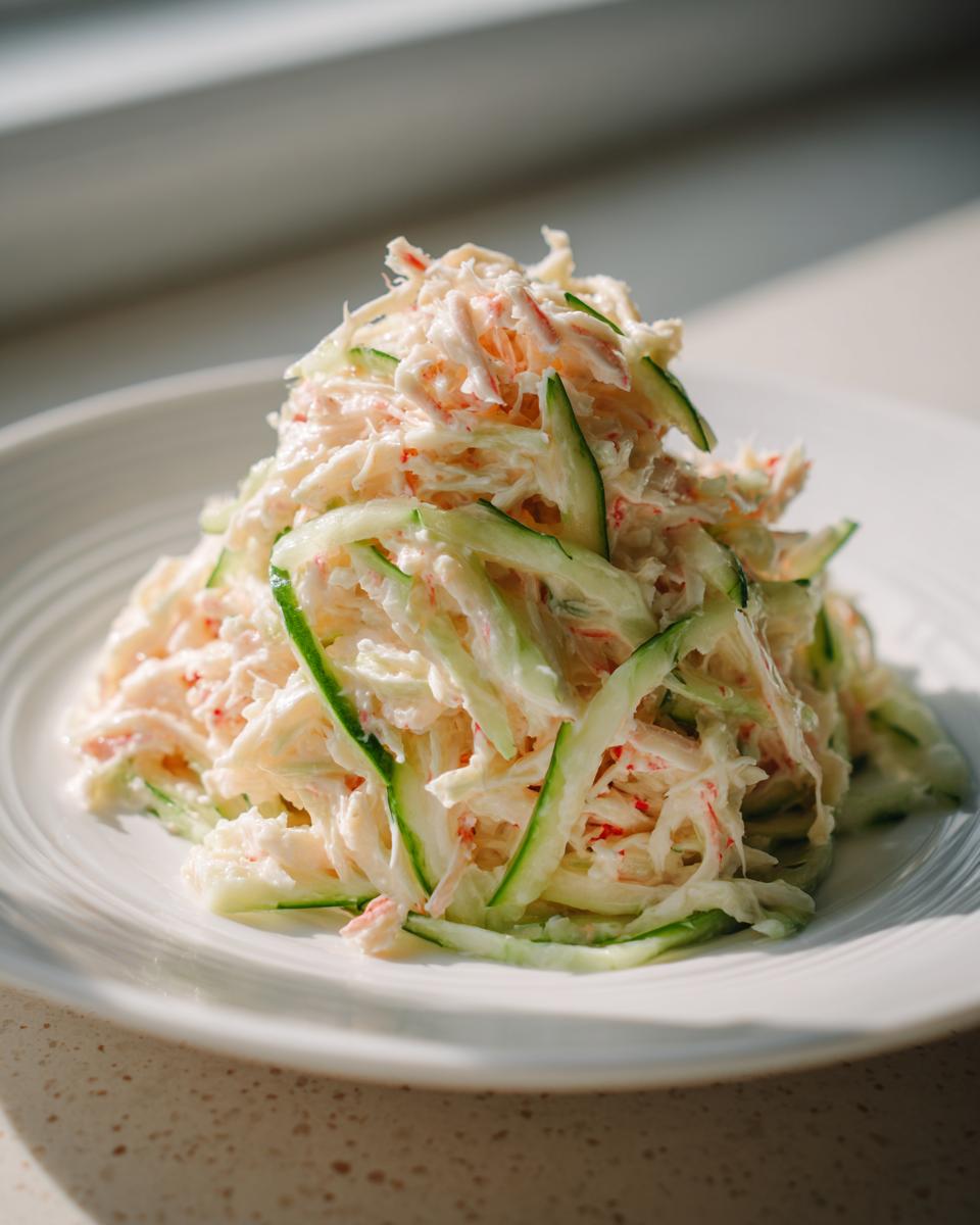 A mound of creamy kani salad mixed with thin ribbons of cucumber served on a white plate.