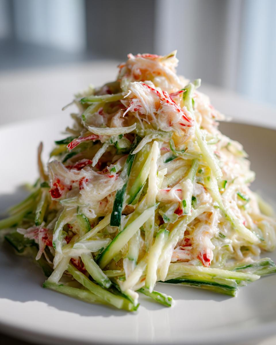 A mound of creamy kani salad featuring shredded imitation crab and julienned cucumber, served on a white plate.