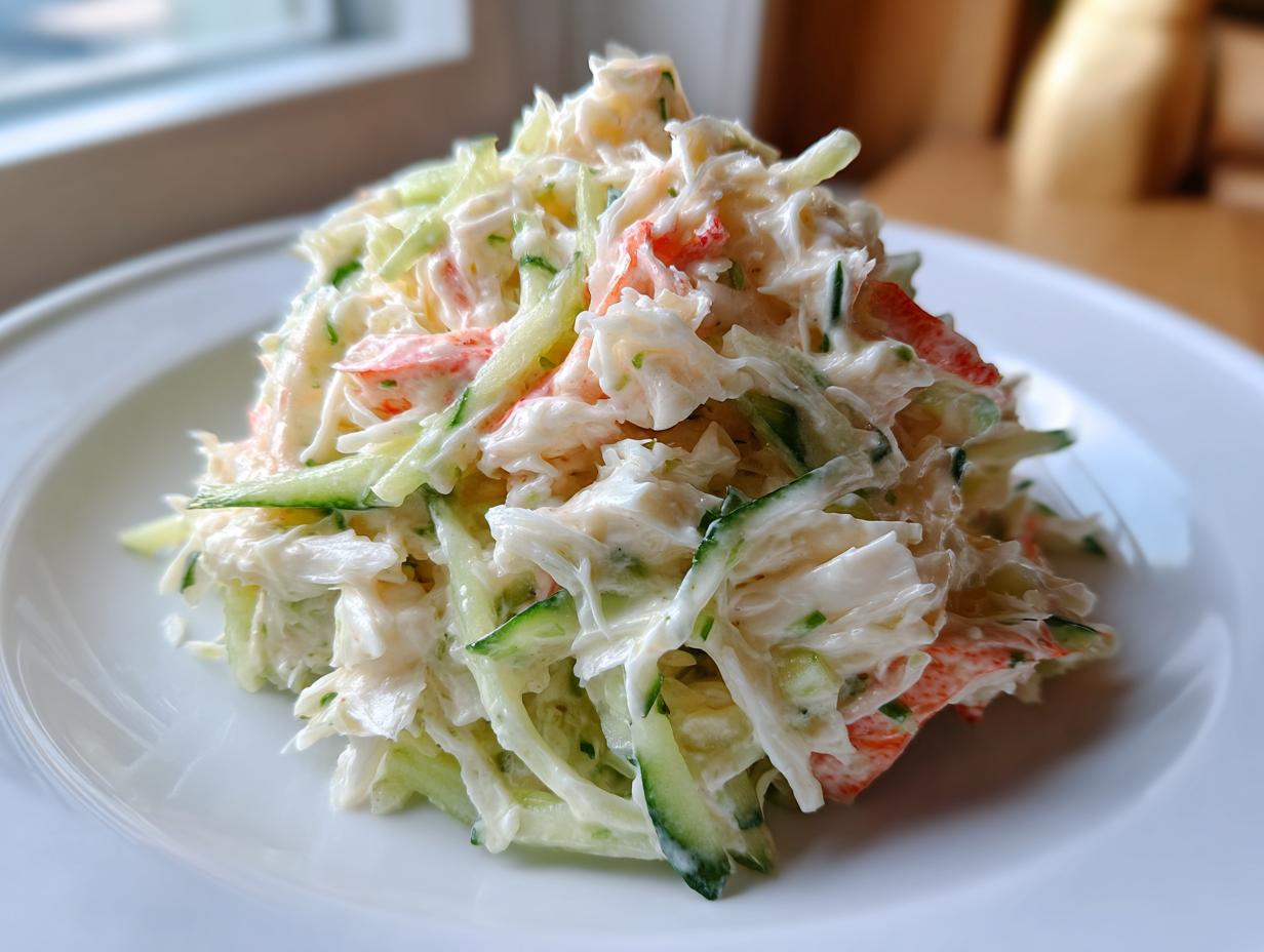 A generous serving of creamy kani salad featuring shredded imitation crab and julienned cucumber, mounded on a white plate.