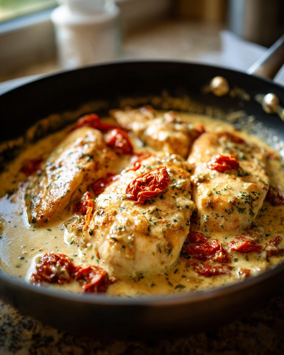 Close-up of golden chicken breasts simmering in a creamy sauce with sun-dried tomatoes, classic Marry Me Chicken.
