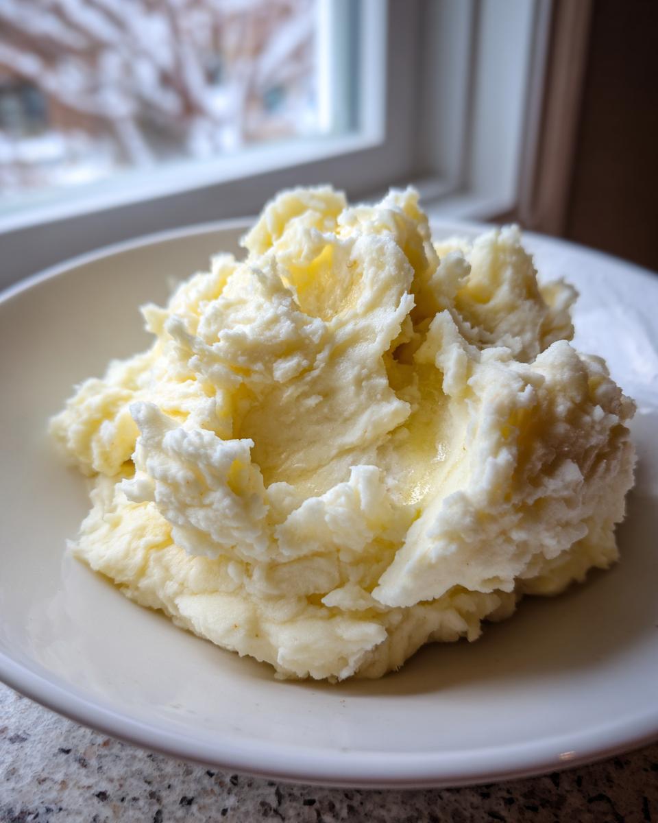 A generous serving of fluffy, creamy mashed potatoes topped with melted butter in a white bowl.