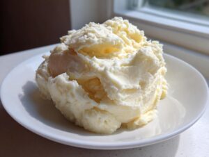 A generous scoop of fluffy, creamy mashed potatoes served on a small white plate, highlighted by natural sunlight.