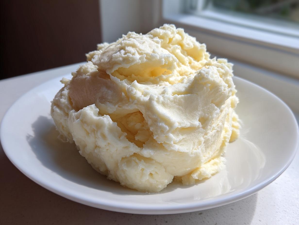 A generous scoop of fluffy, creamy mashed potatoes served on a small white plate, highlighted by natural sunlight.