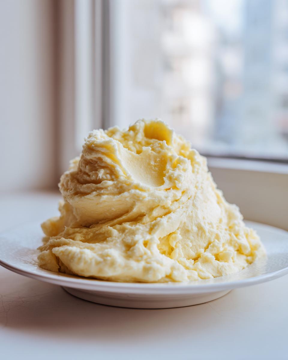 A large, fluffy mound of creamy mashed potatoes served on a white plate, highlighted by soft window light.