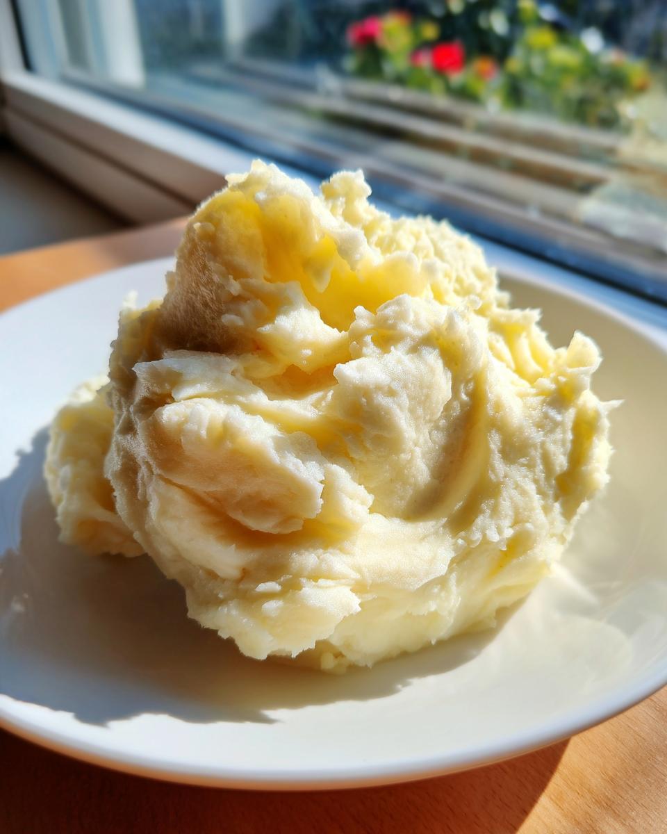A generous scoop of fluffy, yellow creamy mashed potatoes served in a white bowl near a sunlit window.