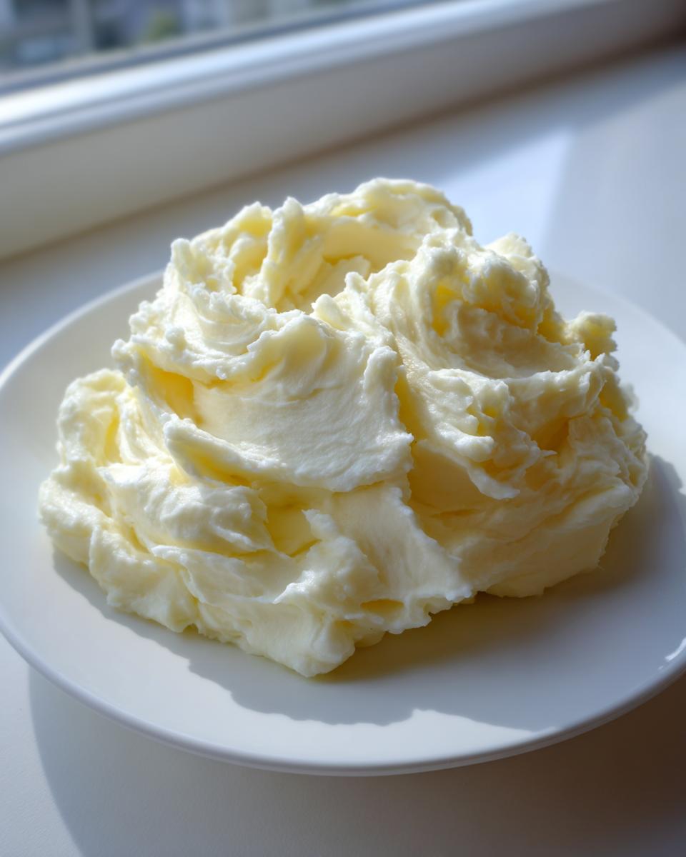 A perfect mound of incredibly creamy mashed potatoes, swirled beautifully on a white plate near a window.