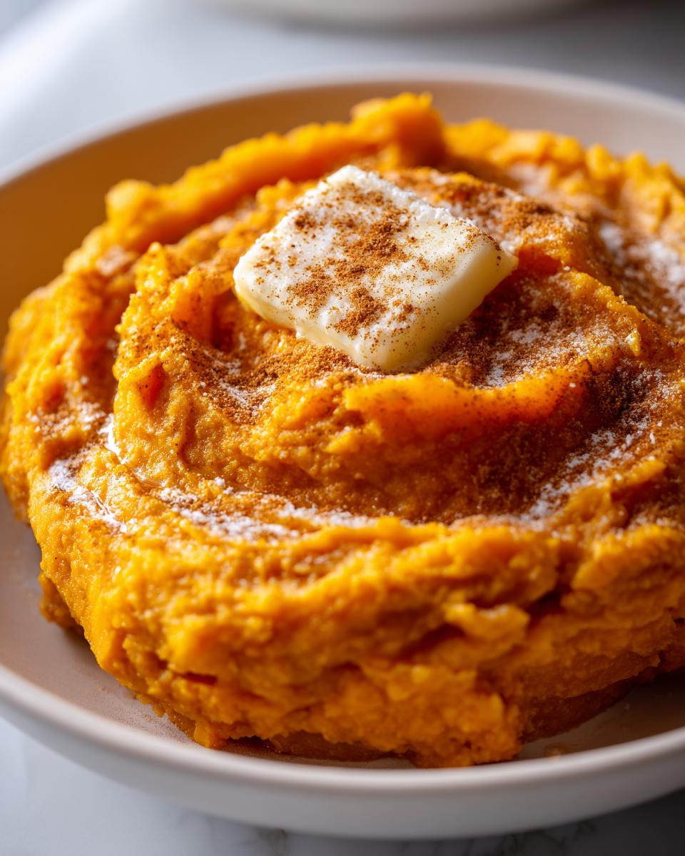 Close-up of creamy, bright orange mashed sweet potatoes topped with a pat of melting butter and a sprinkle of cinnamon.