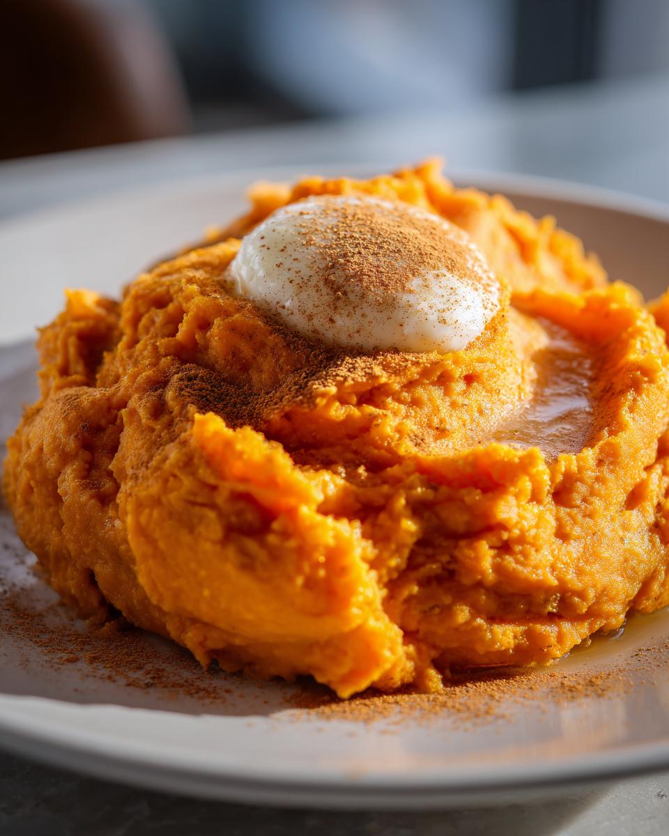 A close-up of fluffy mashed sweet potatoes topped with a dollop of cream and a dusting of cinnamon.