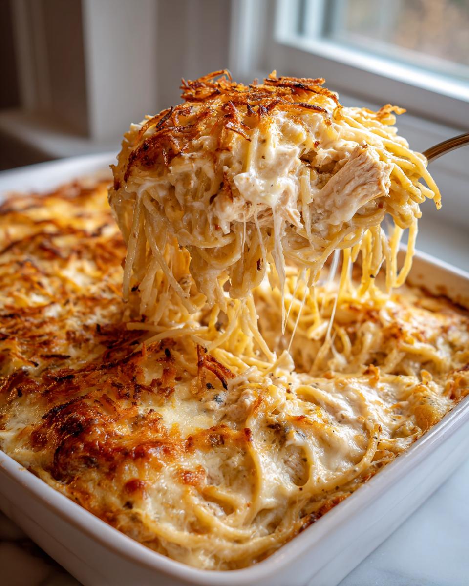 A spoonful of creamy, cheesy Monterey chicken spaghetti being lifted from a white baking dish, showing stringy cheese pull.