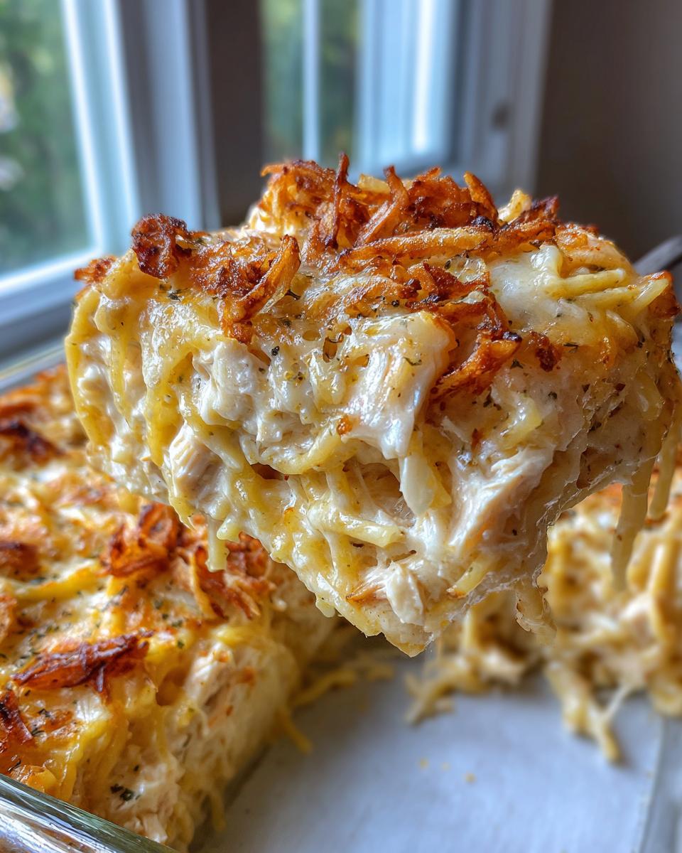 A large scoop of creamy Monterey chicken spaghetti being lifted from a baking dish, topped with crispy fried onions.