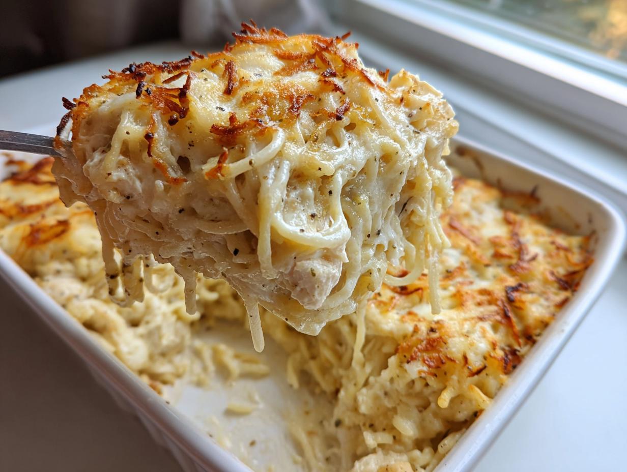 A fork lifts a cheesy, creamy portion of baked monterey chicken spaghetti from a white casserole dish.