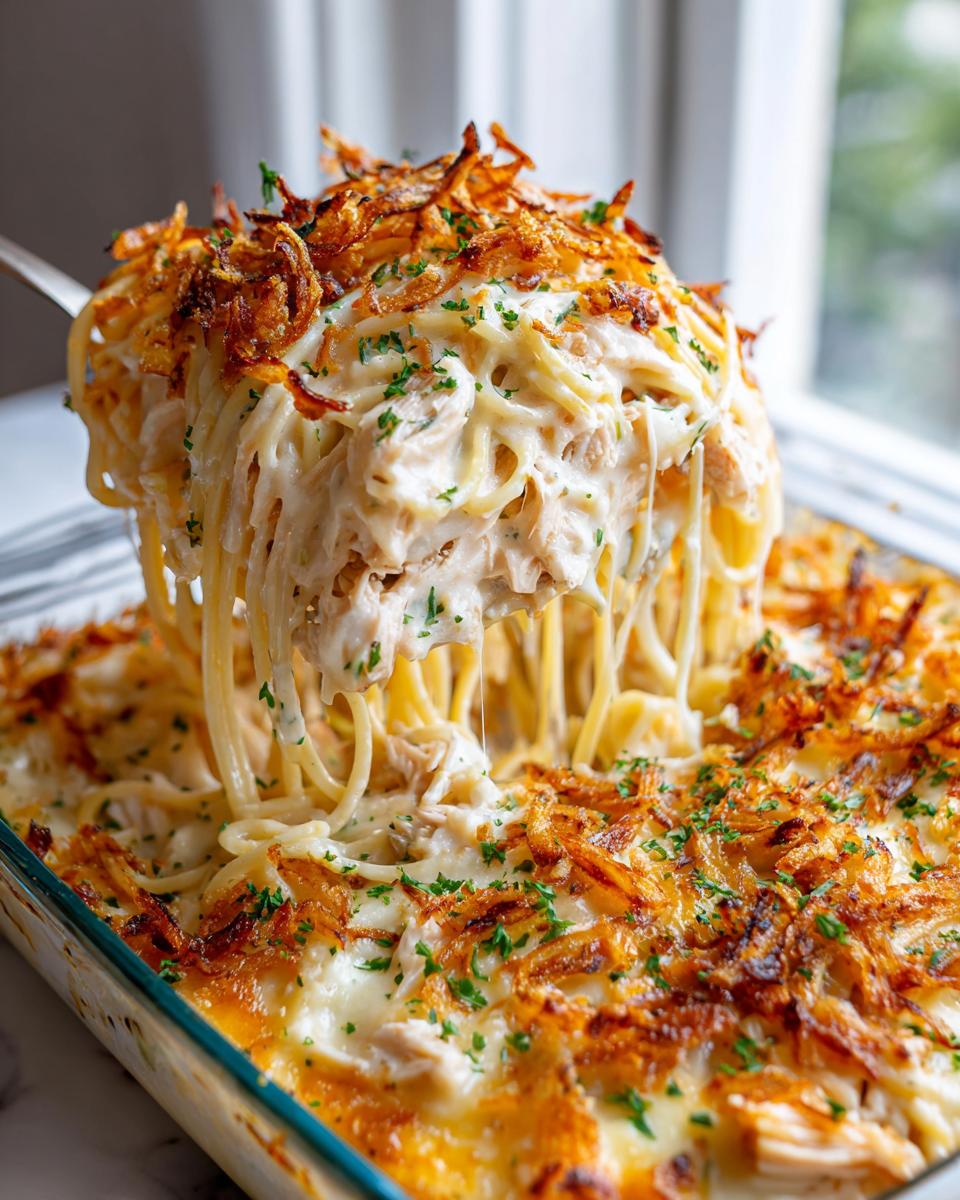 A large serving of creamy Monterey chicken spaghetti being lifted from a baking dish, topped with crispy onions.