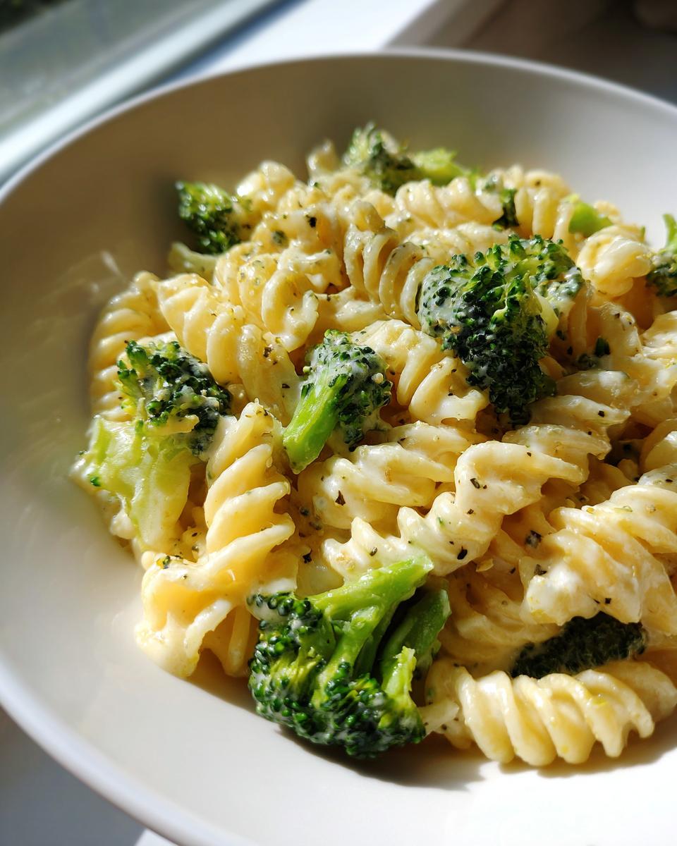 Close-up of creamy broccoli pasta made with fusilli, featuring bright green broccoli florets coated in a rich sauce.