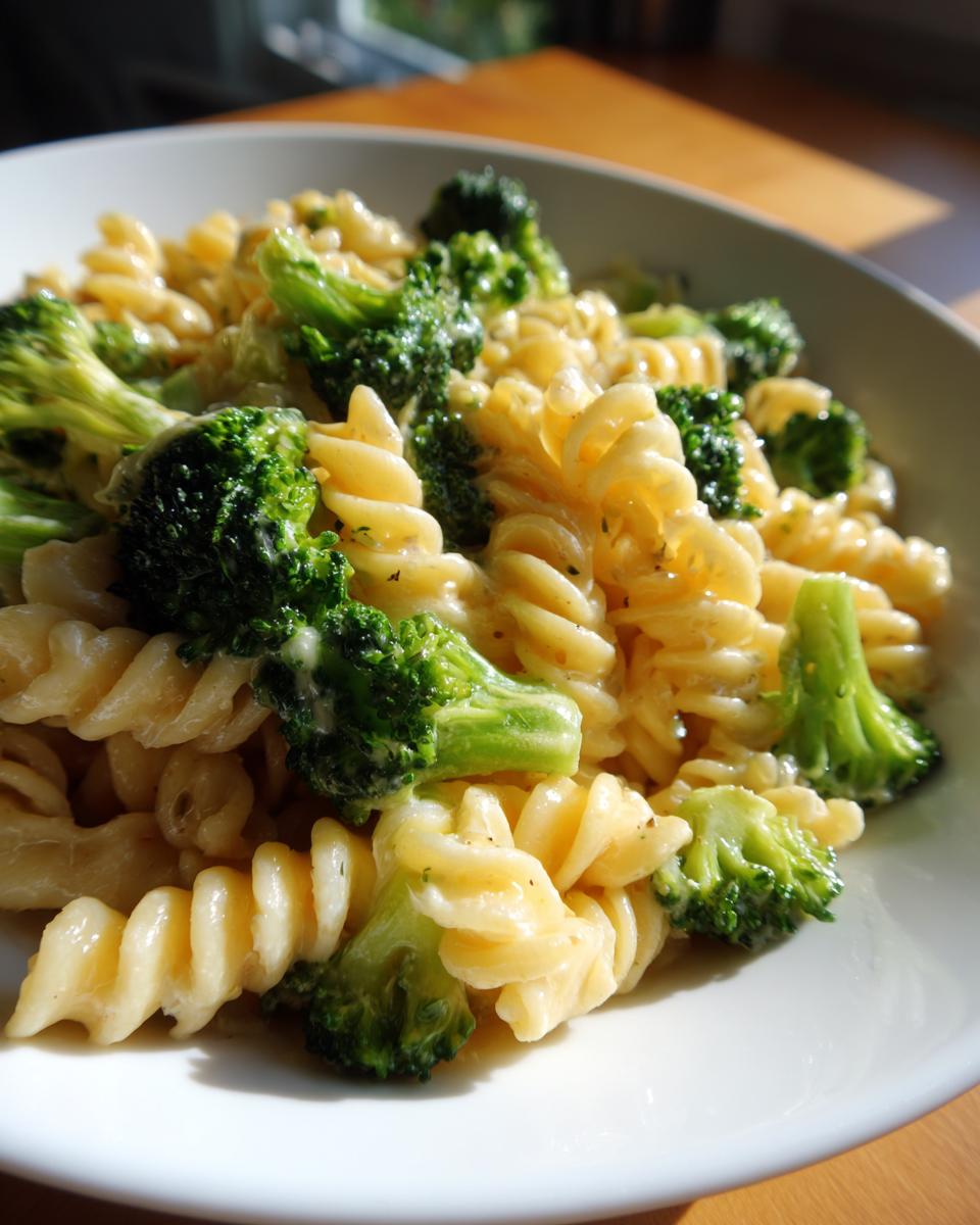 Close-up of creamy broccoli pasta made with fusilli noodles and bright green broccoli florets.