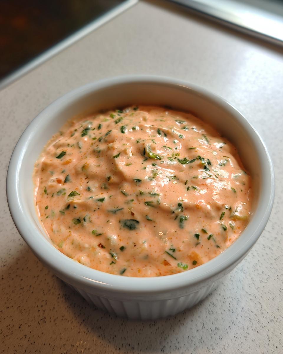 Close-up of a creamy, orange-hued remoulade sauce flecked with green herbs in a small white bowl.