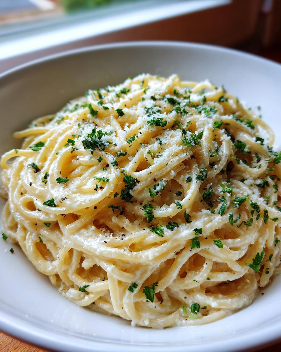 Close-up of creamy parmesan pasta tossed with sauce, topped generously with grated cheese and fresh parsley.