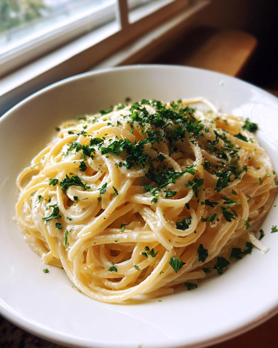 A close-up of creamy parmesan pasta tossed in a white bowl and garnished generously with chopped fresh parsley.