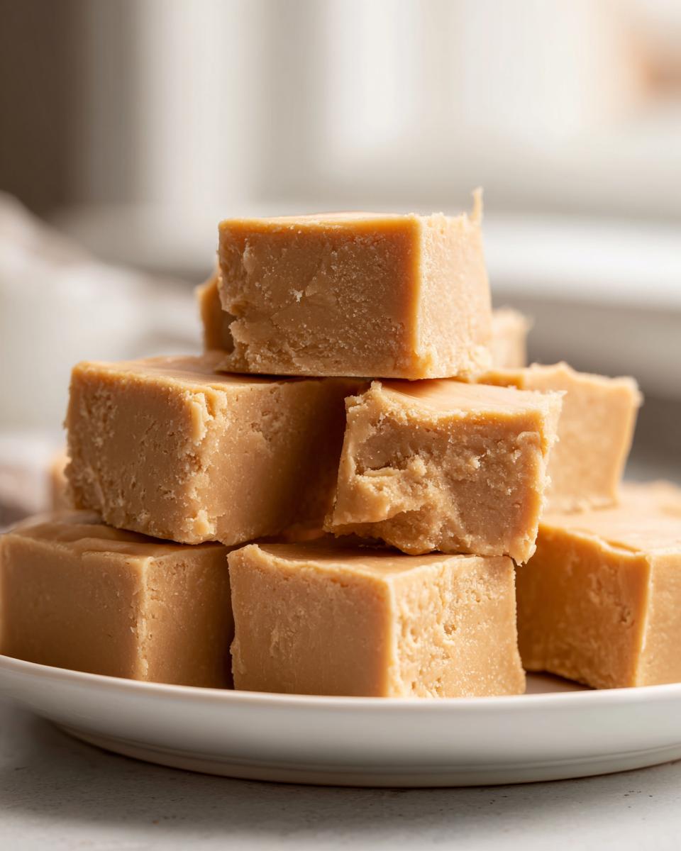 A close-up stack of creamy, light brown peanut butter fudge squares piled on a white plate.